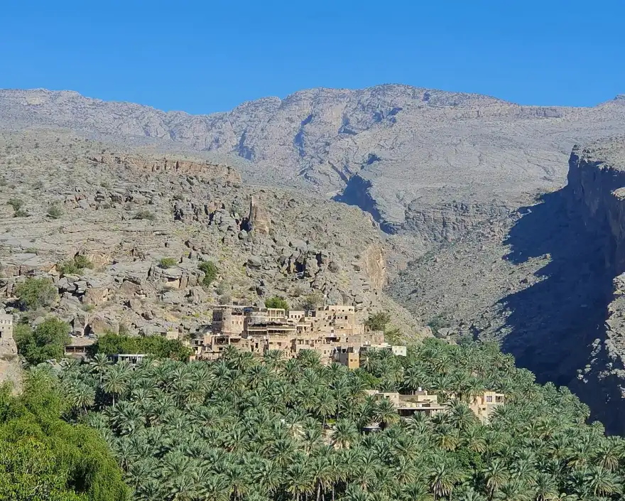 Il villaggio di Misfat al-Abriyeen tra un fitto palmeto e le montagne rocciose.