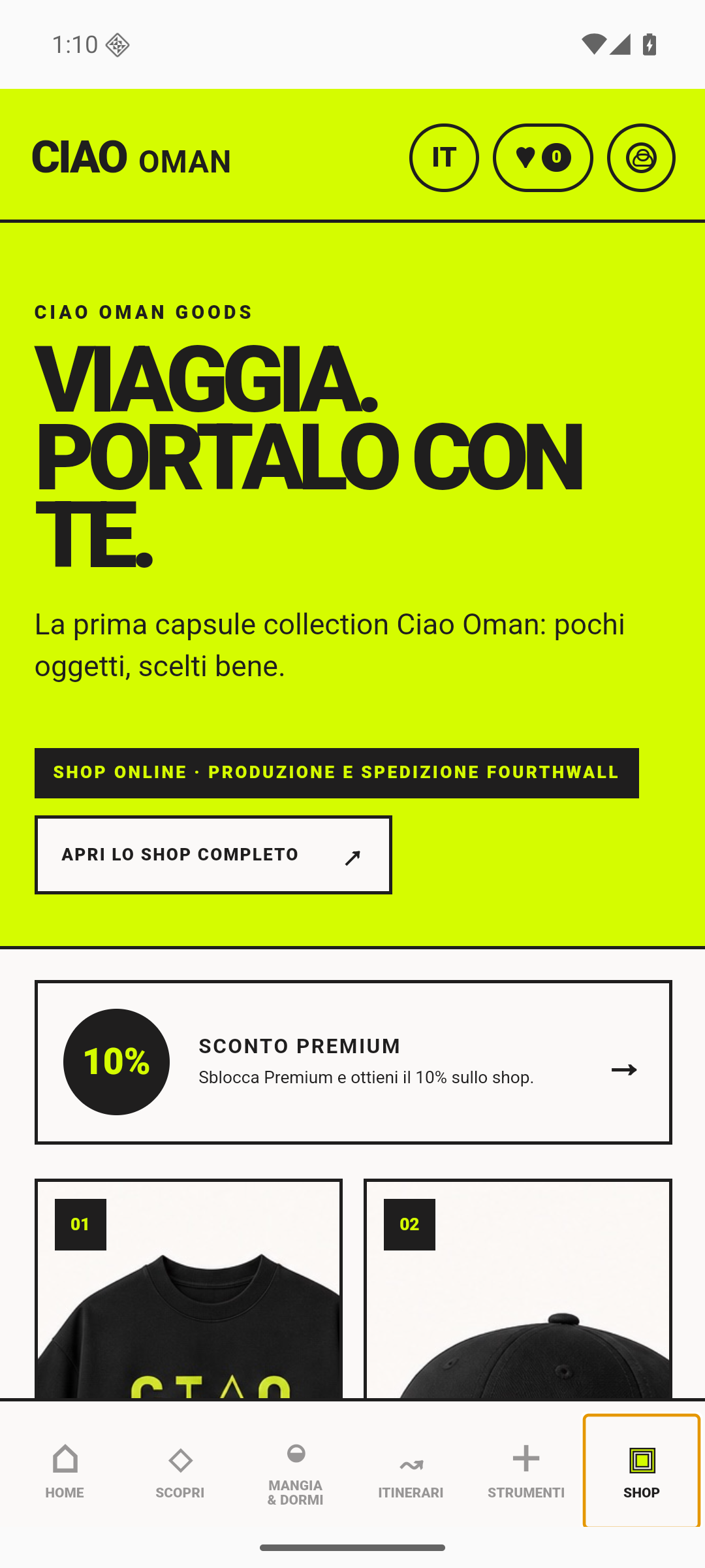 Schermata dello shop Ciao Oman con il vantaggio riservato a Premium